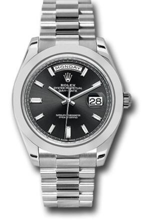 Replica Rolex 950 Platinum Day-Date 40 Watch 228206 Smooth Bezel Black Baguette Diamond Dial President Bracelet